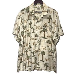 Rima Beachwear Men’s Hawaiian Camp Shirt Tan Green Palm Trees Easy‎ Care Size XL